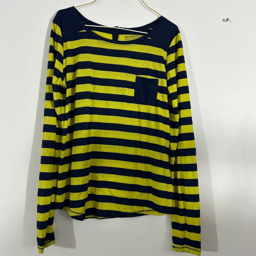 Arizona Jeans Co Striped Long Sleeve Henley Shirt Kids Size L Yellow Navy Blue